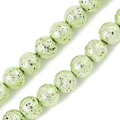 Зеленое Покрытие Гальванические бусины из натуральной лавы, круглые, зеленый покрытием, 7x6~6.5 мм, отверстие : 1 мм, около 63 шт / нитка, 15.51~15.87'' (39.4~40.3 см)