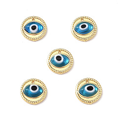 Cyan Handmade Lampwork Evil Eye Pendants, with Real 18K Gold Plated Brass Findings, Lead Free & Cadmium free, Flat Round Charm, Cyan, 14.5x4mm, Hole: 1mm