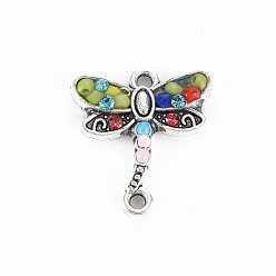 Colorful Alloy Links Connectors, with Glass Seed Beads and Sapphire Rhinestone, Antique Silver, Dragonfly, Colorful, 20x18x4mm, Hole: 1.6mm