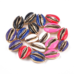 Mixed Color Electroplated Cowrie Shell Beads, with Enamel, No Hole/Undrilled, Golden, Mixed Color, 18~20x12~14x6~7.5mm