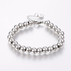 Stainless Steel Color 304 Stainless Steel Bracelets with 201 Stainless Round Beads, with Lobster Clasp, Stainless Steel Color, 6-3/4 inch(170mm), 8mm