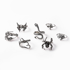 Antique Silver 7Pcs 7 Style Skull & Snake & Butterfly & Mushroom & Claw Alloy Cuff Rings Set for Halloween, Antique Silver, Inner Diameter: 17mm, 1Pc/style