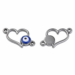 Dark Blue 304 Stainless Steel Enamel Connector Charms, Stainless Steel Color, Heart with Evil Eye, Dark Blue, 11.5x18x3mm, Hole: 1.2mm