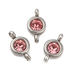 Light Rose 304 Stainless Steel Single Rhinestone Connector Charms, Flat Round Links, Stainless Steel Color, Light Rose, 12x6.5x4mm, Hole: 2mm