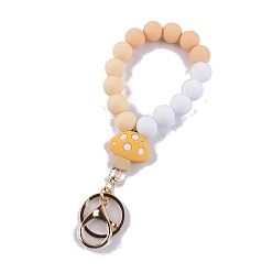 Sandy Brown Mushroom Silicone Beaded Wristlet Keychain, with Iron Findings, for Women Car Key or Bag Decoration, Sandy Brown, 17cm