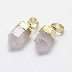 Rose Quartz Natural Rose Quartz Pointed Charms, with Brass Findings, Long-Lasting Plated, Bullet, Golden, 15x6~6.5mm, Hole: 3.5x6mm