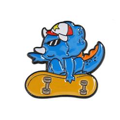 Dodger Blue Dinosaur with Skateboard Enamel Pin, Alloy Brooch for Backpack Clothes, Dodger Blue, 29x27mm