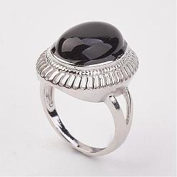 Black Agate Natural Black Agate Finger Rings, with Brass Ring Finding, Platinum, Oval, Size 8, 18mm