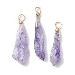 Lilac Electroplated Natural Quartz Crystal Dyed Pendants, Teardrop Charms with Golden Plated Copper Wire Loops, Lilac, 34~37x6~10.5x6~9.5mm, Hole: 3.5mm