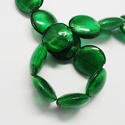 Dark Green Handmade Silver Foil Glass Beads, Flat Round, Dark Green, 28x28x13mm, Hole: 2mm