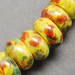 Yellow Handmade Porcelain European Beads, Large Hole Beads, Pearlized, Rondelle, Yellow, 12x9mm