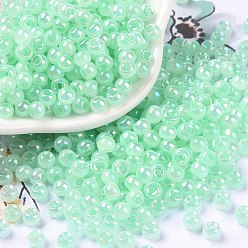 Aquamarine 6/0 Opaque Colours Rainbow Plated Round Glass Seed Beads, Aquamarine, 4x3mm, Hole: 1.2mm, about 7200pcs/pound