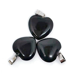 Obsidian Valentine's Day Natural Obsidian Pendants, Heart Charms with Platinum Plated Metal Snap on Bails, 20mm