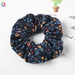 C225A Floral Hair Scrunchie - Blue Pineapple Fabric Hair Tie for Women's Office Look - Elastic Headband Accessory