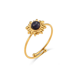 Black agate Adjustable Natural Stone Sun Ring with 18K Plated Stainless Steel and Cat Eye Gemstone for Women