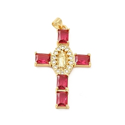 Crimson Rack Plating Brass Pendants, with Glass Cubic Zirconia, Religion Cross with Virgin Mary Charm, Cadmium Free & Lead Free, Long-Lasting Plated, Real 18K Gold Plated, Crimson, 43x27x4mm, Hole: 5x3mm