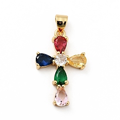Colorful Rack Plating Brass Micro Pave Cubic Zirconia Pendants, Long-Lasting Plated, Lead Free & Cadmium Free, Cross, Real 18K Gold Plated, Religion, Colorful, 24.5x15.5x4mm, Hole: 3.5x4mm