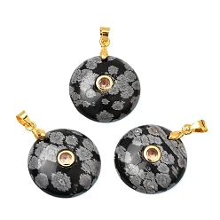 Snowflake Obsidian Natural Snowflake Obsidian Pendants, Coin Charms with Brass Pave Cubic Zirconia Findings, Golden, 27x21x5mm, Hole: 4x3.5mm