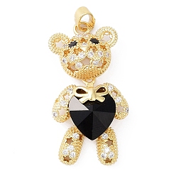 Black Real 18K Gold Plated Rack Plating Brass Micro Pave Cubic Zirconia Pendants, with Glass, Long-Lasting Plated, Cadmium Free & Lead Free, Bear with Star Pattern, Black, 38x19.5x9mm, Hole: 3.5x5mm