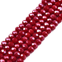 Dark Red Electroplate Glass Beads Strands, Pearl Luster Plated, Faceted, Rondelle, Dark Red, 4x3mm, Hole: 0.4mm, about 123~127pcs/strand, 16.5~16.9 inch(42~43cm)