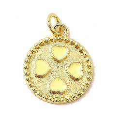 Желтый Латунь эмаль подвески, плоские круглые с подвесками в виде сердечек и соединительными кольцами, без свинца и без кадмия, долговечный, стойки покрытие, реальный 18 k позолоченный, желтые, 17.5x15x2 мм, отверстие : 3.4 мм