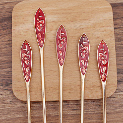 Crimson Alloy Enamel Hair Sticks, with Flower Pattern, Long-Lasting Plated Hair Accessories for Women, Crimson, 148x12mm