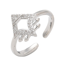 Платина Кольца-манжеты с микропаве из латуни и прозрачными кубическими цирконами для женщин, ромб, платина, 2.5 мм, внутренний диаметр: 17 мм