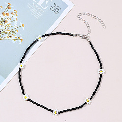 black Boho Flower Beaded Necklace Handmade Ethnic Jewelry for Women