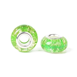 Lime Rondelle Resin European Beads, Large Hole Beads, with Glitter Powder and Platinum Tone Brass Double Cores, Lime, 13.5x8mm, Hole: 5mm