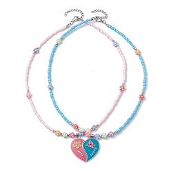 Mixed Color Alloy Enamel Split Pendant Necklaces, Glass Seed Bead Necklaces, Mixed Color, 16.54 inch(42cm), 2pcs/set