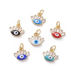 Mixed Color Cubic Zirconia Charms, with Brass Findings and Enamel, Eye, Golden, Mixed Color, 8.5x9.5x3~3.5mm, Hole: 2.5mm