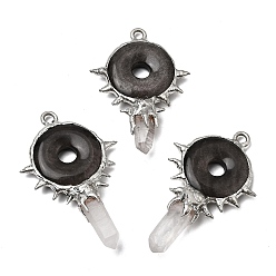 Silver Sheen Obsidian Крупные подвески из натурального обсидиана с серебристым блеском, платина, латунные подвески в виде леденцов с оправой, 51~61.5x34~36.5x8~10 мм, отверстие : 3 мм
