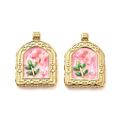 Темно-Розовый 304 нержавеющей стальной эмали подвески, Со смолой и имитацией жемчуга, арка с подвесками в виде медведя, ионное покрытие (ip), реальный 18 k позолоченный, темно-розовыми, 30x22x6 мм, отверстие : 3 мм