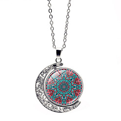 Cerise Glass Moon with Mandala Flower Pendant Necklace, Stainless Steel Jewelry for Women, Cerise, 17.72 inch(45cm)