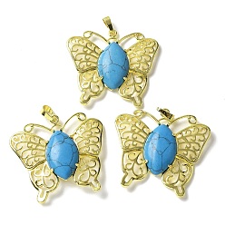 Синтетическая Бирюза Синтетические бирюзовые подвески, латунные подвески-бабочки, золотые, стойки покрытие, без кадмия и без свинца, 41.5x45x8 мм, отверстие : 8x4.5 мм