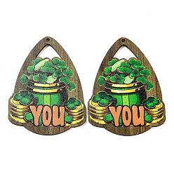 Green Saint Patrick's Day Single Face Printed Wood Big Pendants, Teardrop Charms with Clover, Green, 54x41.5x2.5mm, Hole: 2mm