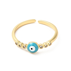Dark Turquoise Enamel Evil Eye Open Cuff Ring with Clear Cubic Zirconia, Real 18K Gold Plated Brass Jewelry for Women, Cadmium Free & Nickel Free & Lead Free, Dark Turquoise, US Size 7 3/4(17.9mm)