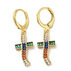 Colorful Real 18K Gold Plated Brass Dangle Leverback Earrings, with Glass, Cross, Colorful, 33.5x10mm