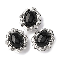 Обсидиан Натуральный обсидиан овальные многожильные звенья, латунные перья обернутые драгоценными камнями ссылки, платина, стойки покрытие, 16x14x7.5 мм, отверстие : 1.5 мм