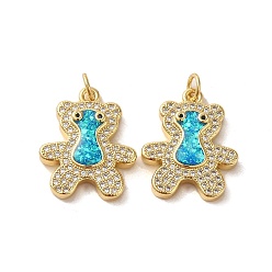 Real 18K Gold Plated Brass Micro Pave Cubic Zirconia with Synthetic Opal Pendants, with Jump Ring, Bear, Real 18K Gold Plated, 21x17x3.5mm