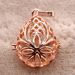 Rose Gold Brass Bead Cage Pendants, Hollow Teardrop Cage Charms, Rose Gold, 33x23mm