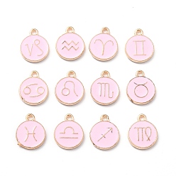 Pink Alloy Enamel Pendants, Flat Round with Twelve Constellation, Light Gold, Pink, 15x12x2mm, Hole: 1.5mm, about 12pcs/set