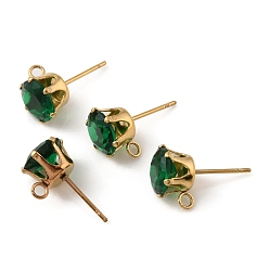 Dark Green Ion Plating(IP) 304 Stainless Steel Stud Earring Findings, with Cubic Zirconia & Vertical Loops, Flat Round, Dark Green, 10.5x8mm, Hole: 1.8mm, Pin: 1mm