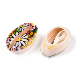 Coloré Perles de cauris imprimées, pas de trous / non percés, motif de fleur, colorées, 18.5~22x13~14.5x6~7.5mm