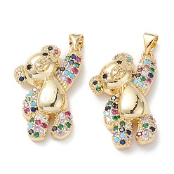 Colorful Brass Micro Pave Cubic Zirconia Pendants, Real 16K Gold Plated, Bear Charms, Colorful, 26.5x18x7mm, Hole: 5x3mm.