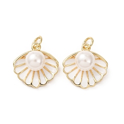 Белый Латунь эмаль подвески, с бусиной ракушки и прыжковым кольцом, долговечный, реальный 18 k позолоченный, формы раковины, белые, 15.5x15.3x8 мм, отверстие : 3.8 мм