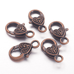 Red Copper Tibetan Style Heart Lobster Claw Clasps, Cadmium Free & Lead Free, Red Copper, 26.5x14x6mm, Hole: 4mm