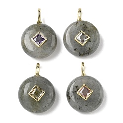 Лабрадорита Природные подвески лабрадорита, плоские круглые подвески с латунной микропаве из кубических цирконий случайных цветов, золотые, 22x16x6.5~8 мм, отверстие : 2.5x4 мм