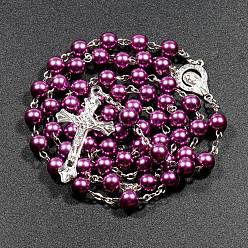 Purple Plastic Imitation Pearl Rosary Bead Necklace for Easter, Alloy Crucifix Cross Pendant Necklace with Iron Chains, Purple, 27.56 inch(70cm)