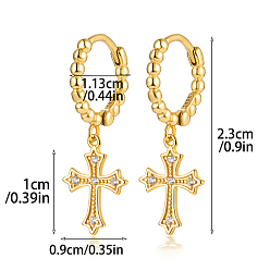 Golden 925 Sterling Silver Micro Pave Cubic Zirconia Dangle Hoop Earrings, Cross, with 925 Stamp, Golden, 23mm